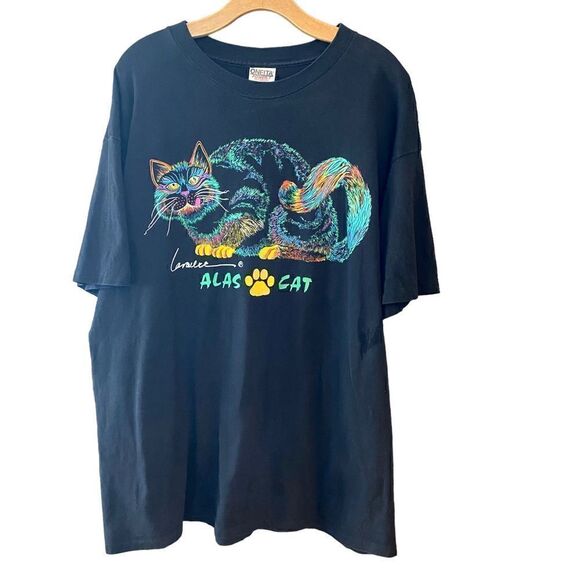 O’Neil XL Black LaraLee Fluorescent Alas Kitty Vintage SingleStitch Rare T-Shirt - Picture 1 of 8
